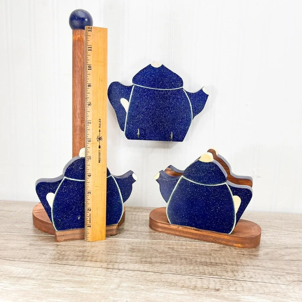 Blue Teapot Kitchen Decor Set:‎ Paper Towel & Napkin Holder, Oven Mitt Hook